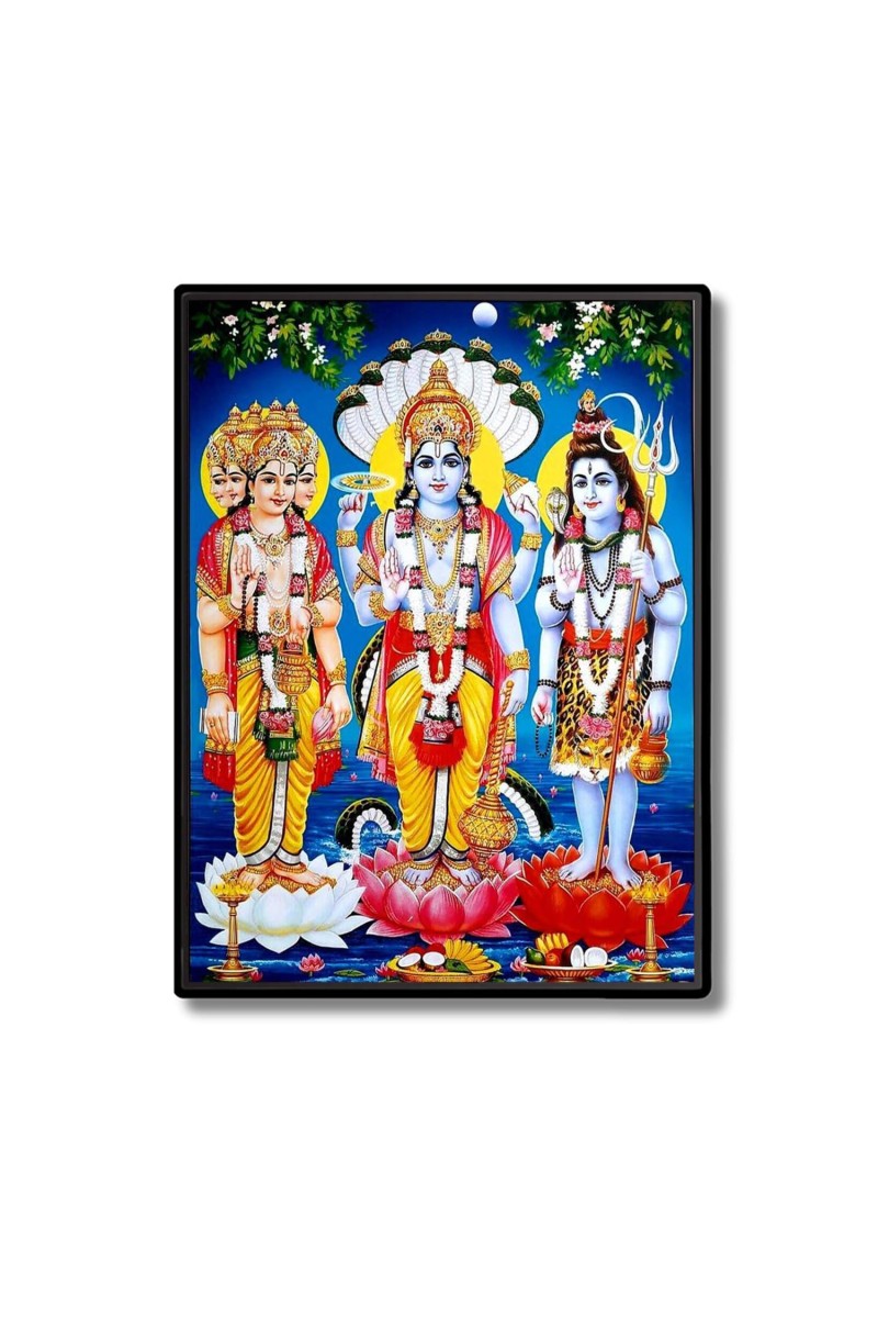 Lord Brahma Lord Vishnu & Lord Shiva Laminated Photo - 13x15 Inches, Divine Blessings for Home & Office and Temple Decoration