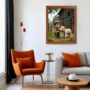 AI Funny Boy with Cow Art Picture for Kids - 14x18 inches, Brown Color - Perfect Wall Decor for Children's Room