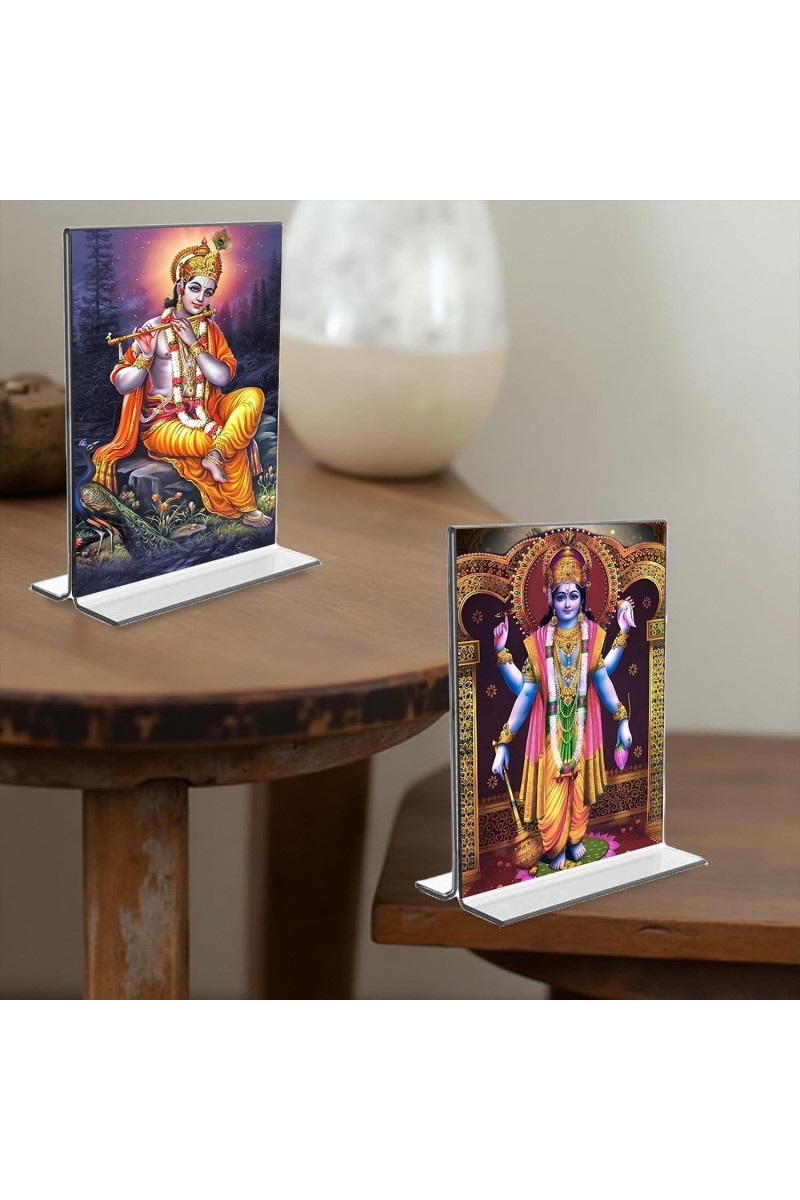 Sri Krishna & Lord Narayan Acrylic T-Style Photo Stand, Compact and Stylish Spiritual Display, easily change 2 photos (Pack of 1)