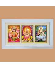 Hi tech Sales Dhan-laxmi, Ganesh, saraswati photo frame || synthetic photo Frame with Glass || Three Gods in Single Frame (Multicolor) for wall, living room, gifts, pooja (White)