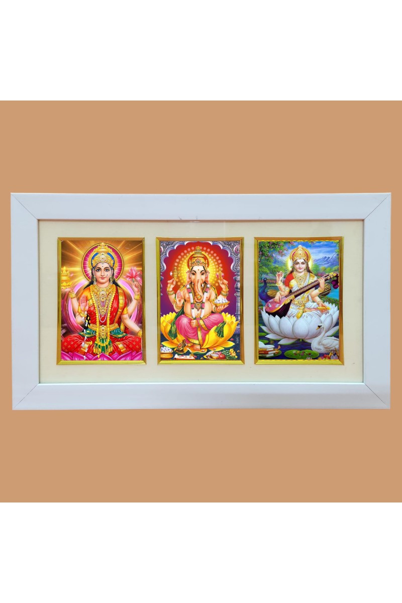 Hi tech Sales Dhan-laxmi, Ganesh, saraswati photo frame || synthetic photo Frame with Glass || Three Gods in Single Frame (Multicolor) for wall, living room, gifts, pooja (White)