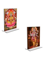Car Desk/Table Top Maa Lakshmi Lord Narayan Acrylic T-Style Photo Stand - 2.5x3.5 Inches, Compact and Stylish Spiritual Display, easily change 2 photos (Pack of 1)
