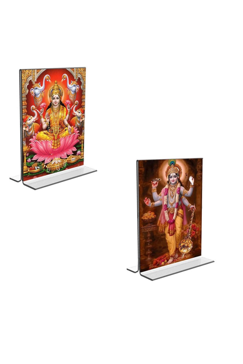 Car Desk/Table Top Maa Lakshmi Lord Narayan Acrylic T-Style Photo Stand - 2.5x3.5 Inches, Compact and Stylish Spiritual Display, easily change 2 photos (Pack of 1)