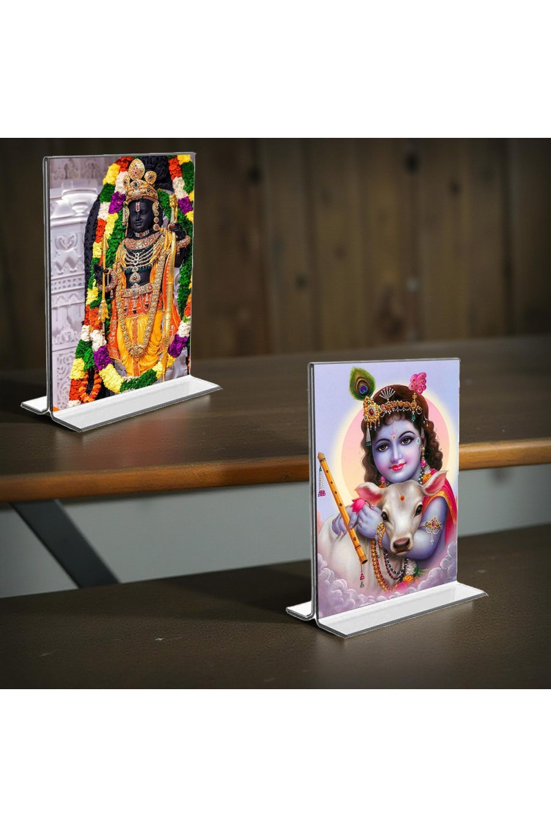Lord Ram Lalla & Sri Krishna Acrylic T-Style Photo Stand - 9x11 Inches, Compact and Stylish Spiritual Display, easily change 2 photos (Pack of 1)