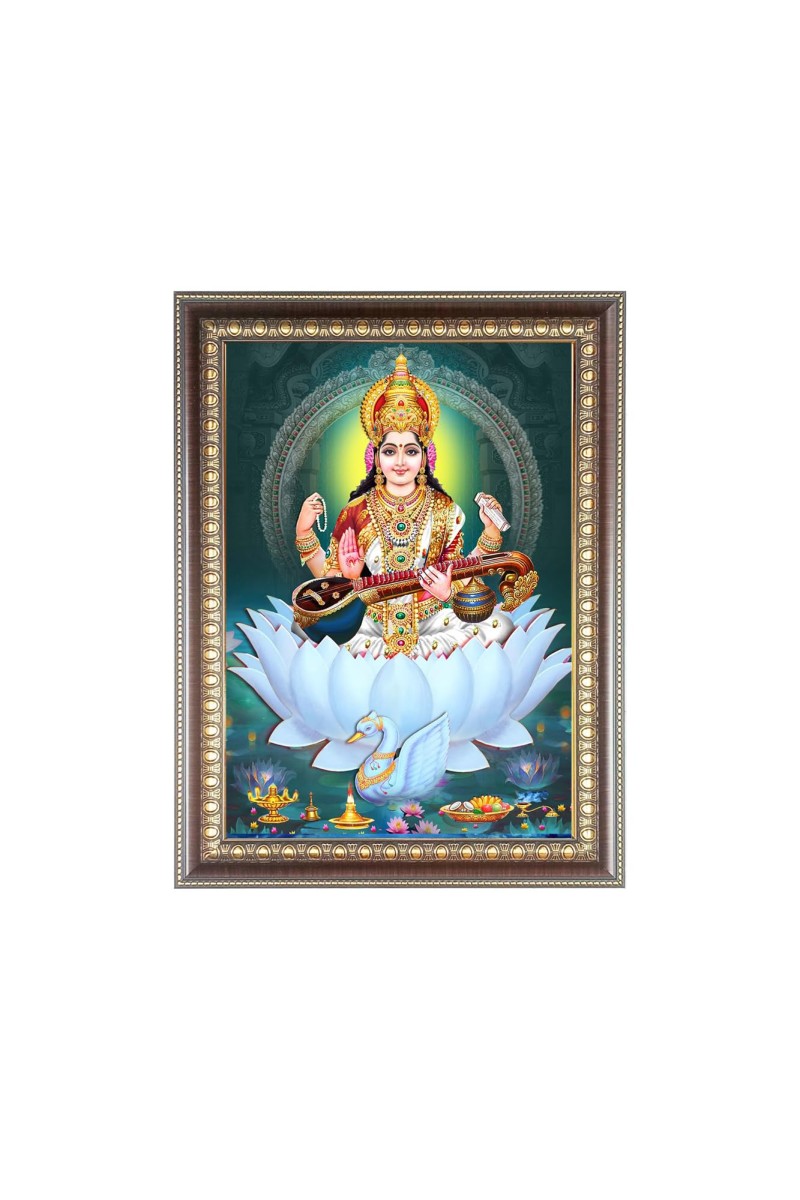Maa Saraswati Photo Frame - 10x14 Inches, Brown Wooden Frame for Home, Office & Temple Decoration