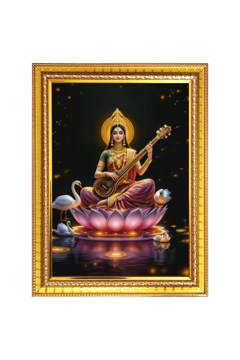 Maa saraswati Photo Frame - 14x18 Inches, Brown Wooden Frame for Home, Office & Temple Decoration