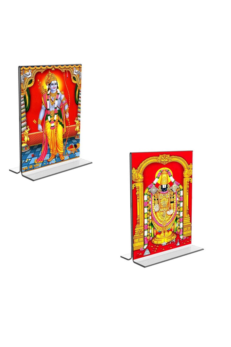 Car Desk/Table Top Sri Ram & Lord Tirupati Balaji Acrylic T-Style Photo Stand - 2.5x3.5 Inches, Compact and Stylish Spiritual Display, easily change 2 photos (Pack of 1)