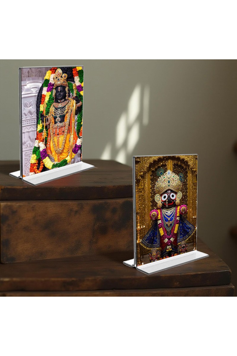 Lord Ram Lalla & Lord Jagannath Acrylic T-Style Photo Stand, Compact and Stylish Spiritual Display, easily change 2 photos (Pack of 1)
