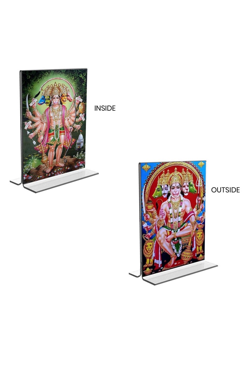 Car Desk/Table Top Panchmukhi Hanuman Acrylic T-Style Photo Stand - 2.5x3.5 Inches, Compact and Stylish Spiritual Display, easily change 2 photos (Pack of 1)