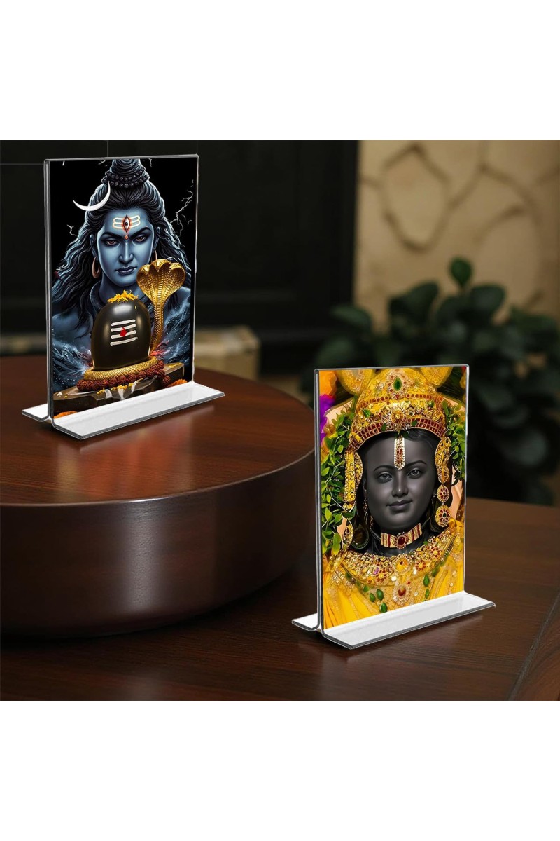 Lord Shiva & Ram Lala Acrylic T-Style Photo Stand - 7x9 Inches, Compact and Stylish Spiritual Display, easily change 2 photos (Pack of 1)