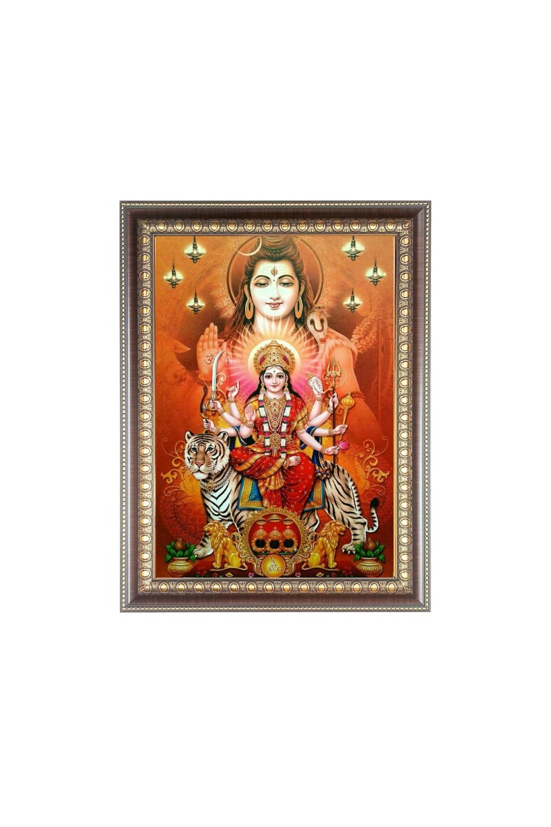 Maa Durga With Lord Shiva Photo Frame - 10x14 Inches, Brown Wooden Frame for Home, Office & Temple Decoration