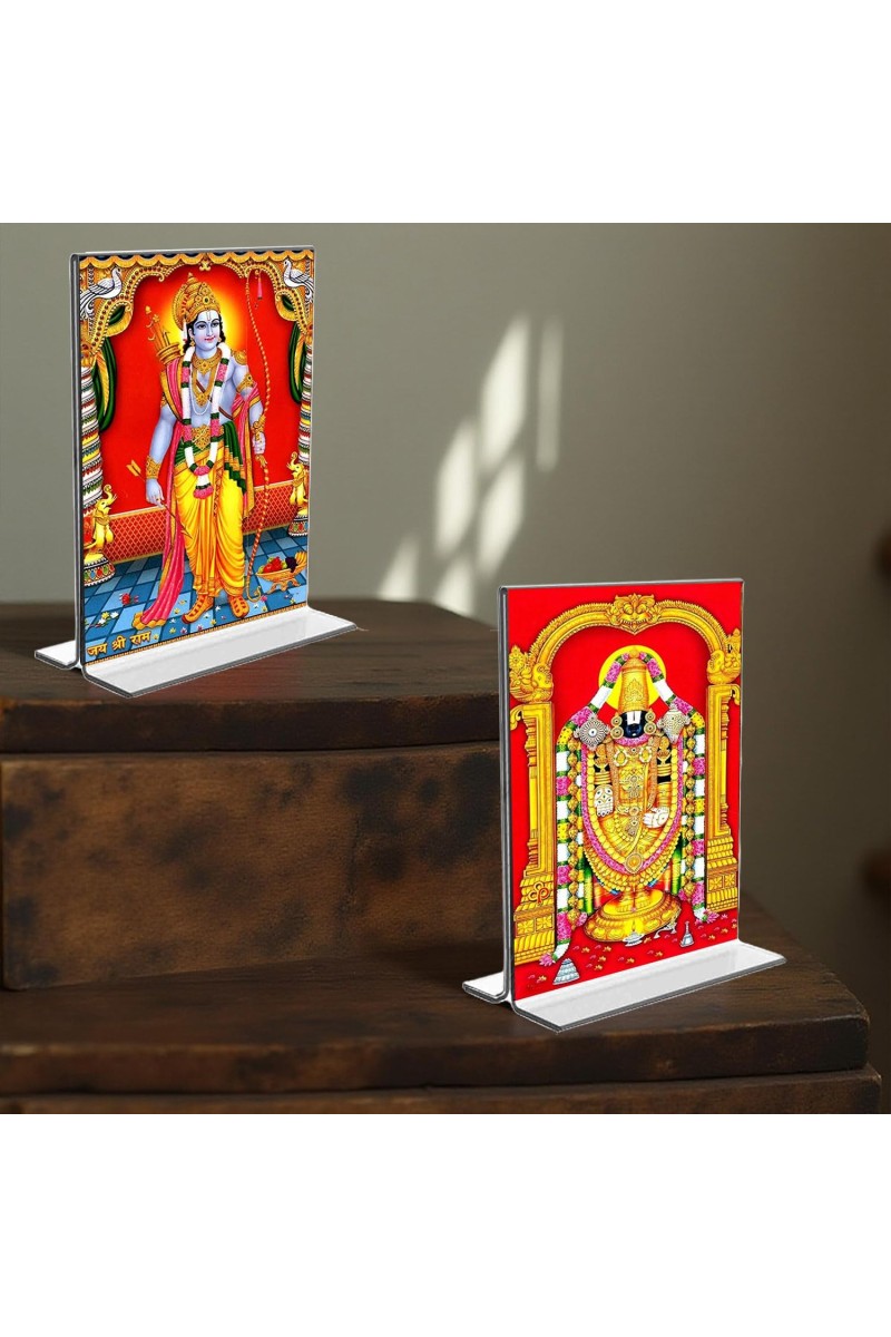Sri Ram & Lord Tirupati Balaji Acrylic T-Style Photo Stand, Compact and Stylish Spiritual Display, easily change 2 photos (Pack of 1)
