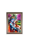 Bal Krishna With Cow Photo Frame - 14x18 Inches, Brown Wooden Frame for Home, Office & Temple Decoration