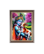 Bal Krishna With Cow Photo Frame - 10x14 Inches, Brown Wooden Frame for Home, Office & Temple Decoration