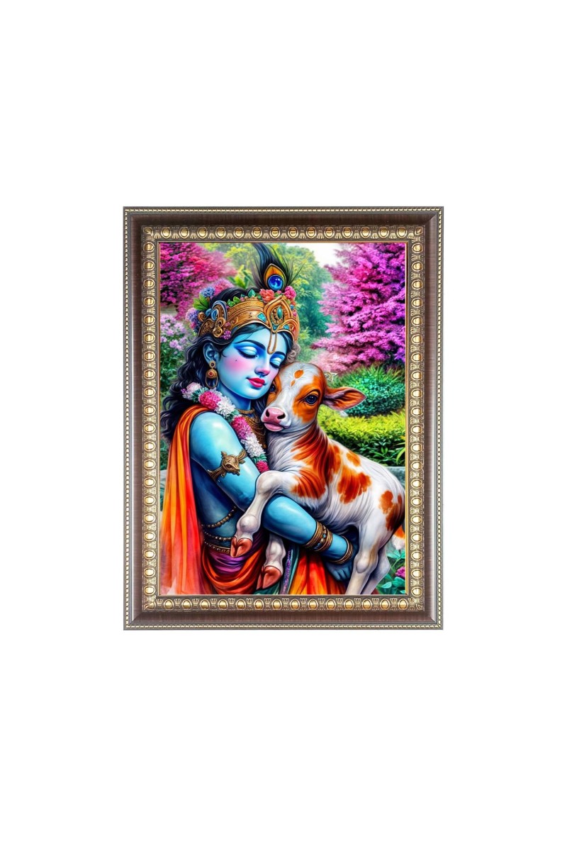 Bal Krishna With Cow Photo Frame - 14x18 Inches, Brown Wooden Frame for Home, Office & Temple Decoration