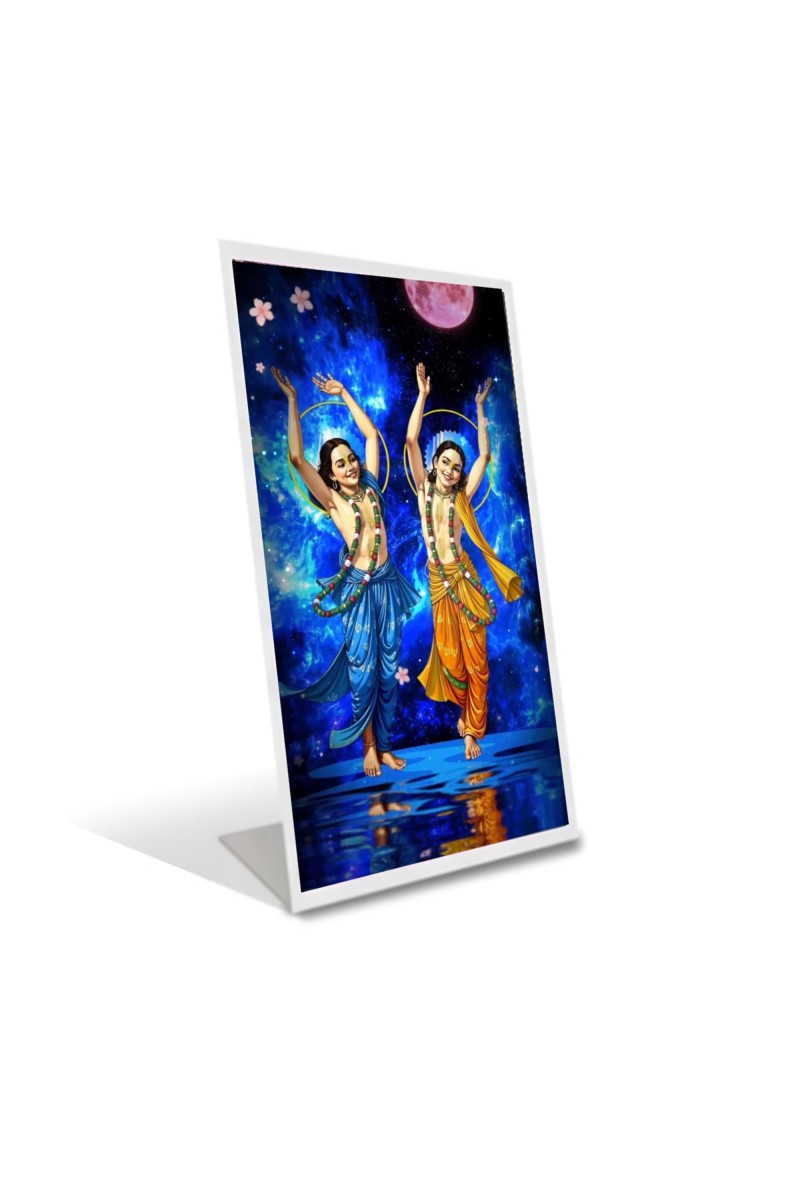 Car Desk/Table Top Lord Chaitanya Mahaprabhu And Nityananda Prabhu Acrylic L-Style Photo Stand - 2.5x3.5 Inches, Compact And Stylish Spiritual Display (F6725)