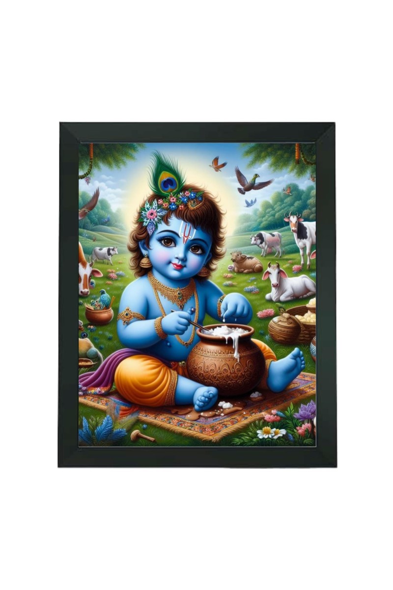 Combo of Krishna Makhan Chor Laddu Gopal Polystyrene Photo Frame (7.12 x 9.12 inches), Ganga Jal, Tilak Stamp & Tulsi Mala – Spiritual Pooja Gift Set