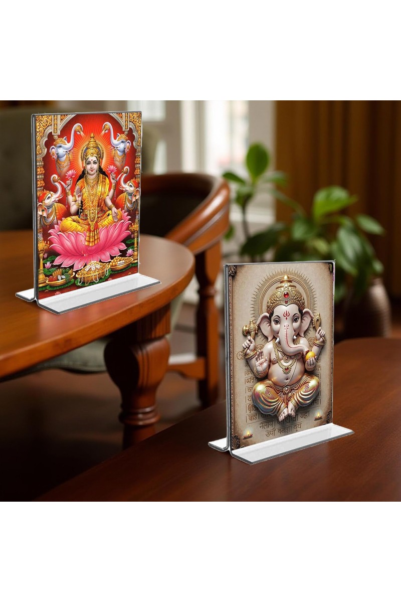 Debi Lakshmi & Sri Ganesh Acrylic T-Style Photo Stand, Compact and Stylish Spiritual Display, easily change 2 photos (Pack of 1)