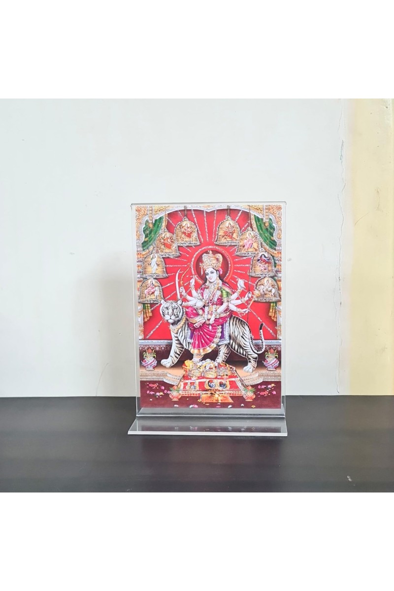 HiTechMart Durga Maa Acrylic Tabletop Frame ? 5 x 7 Inch Hindu Goddess Idol Photo with Tiger | Religious Home Dcor & Puja Gift
