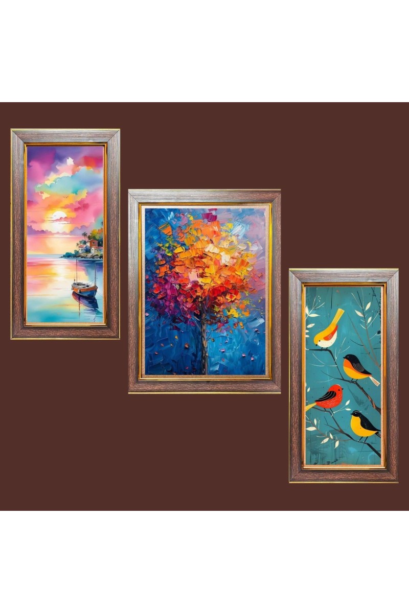 3-Pack Tree and birds painting Photo Frames - 2 Pieces 14x21 Inch & 1 Piece 18x21 Inch - Rustic Wall Art for Home & Office Decor - Botanical Wall Hanging for Living Room, Bedroom, or Workspace