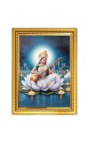 Goddess Maa Saraswati Sitting on Flower Photo Frame - 10x14 Inches, Brown Wooden Frame for Home, Office & Temple Decoration
