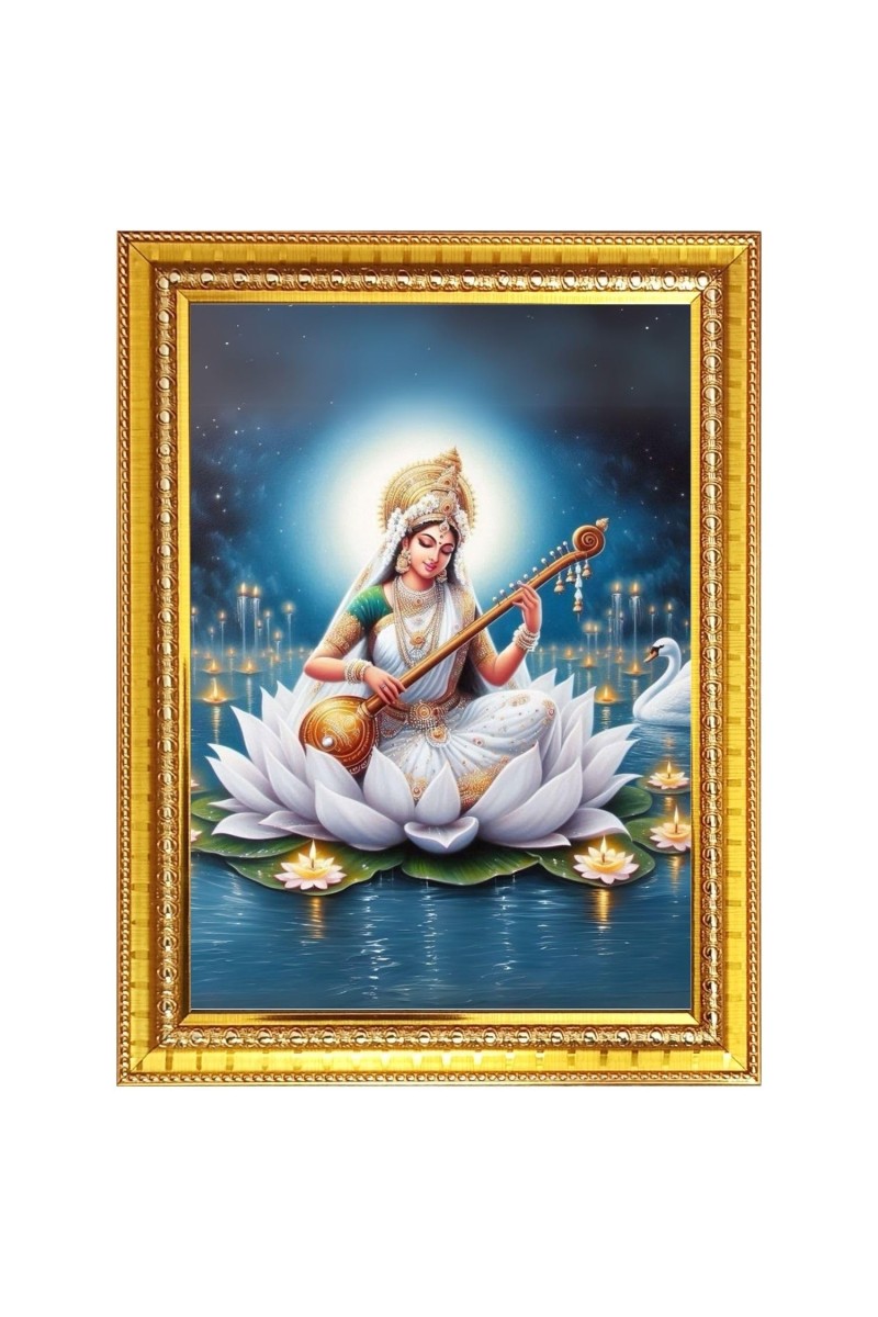 Goddess Maa Saraswati Sitting on Flower Photo Frame - 10x14 Inches, Brown Wooden Frame for Home, Office & Temple Decoration