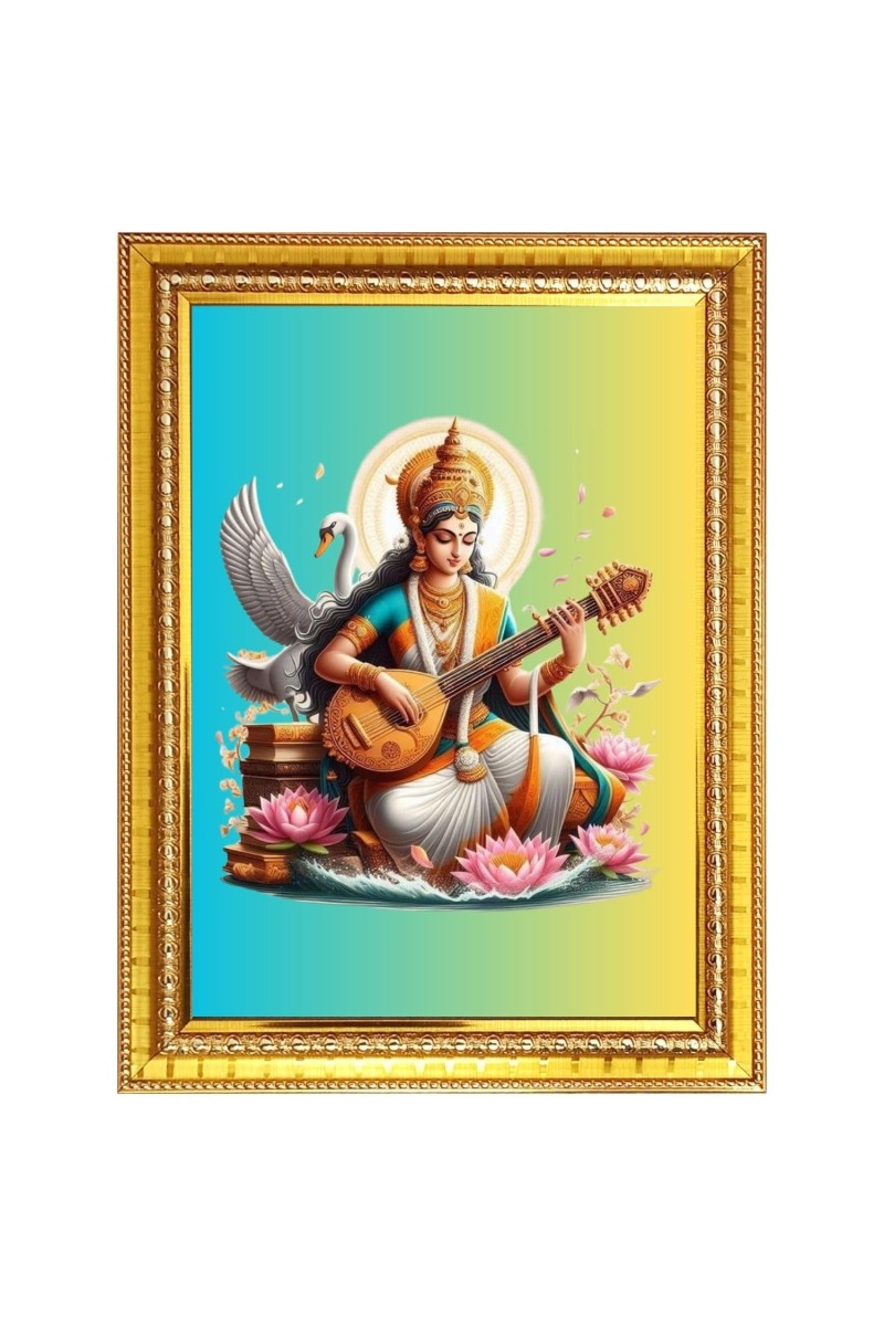 Goddess Saraswati Photo Frame - 10x14 Inches, Brown Wooden Frame for Home, Office & Temple Decoration