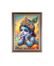 Bal Krishna (Baby) Photo Frame - 10x14 Inches, Brown Wooden Frame for Home, Office & Temple Decoration