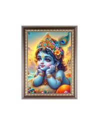 Bal Krishna (Baby) Photo Frame - 12x16 Inches, Brown Wooden Frame for Home, Office & Temple Decoration