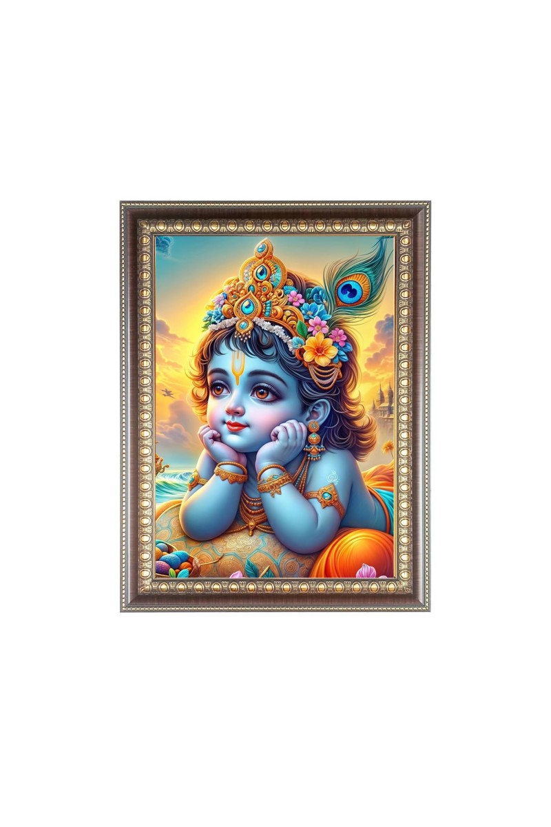 Bal Krishna (Baby) Photo Frame - 10x14 Inches, Brown Wooden Frame for Home, Office & Temple Decoration