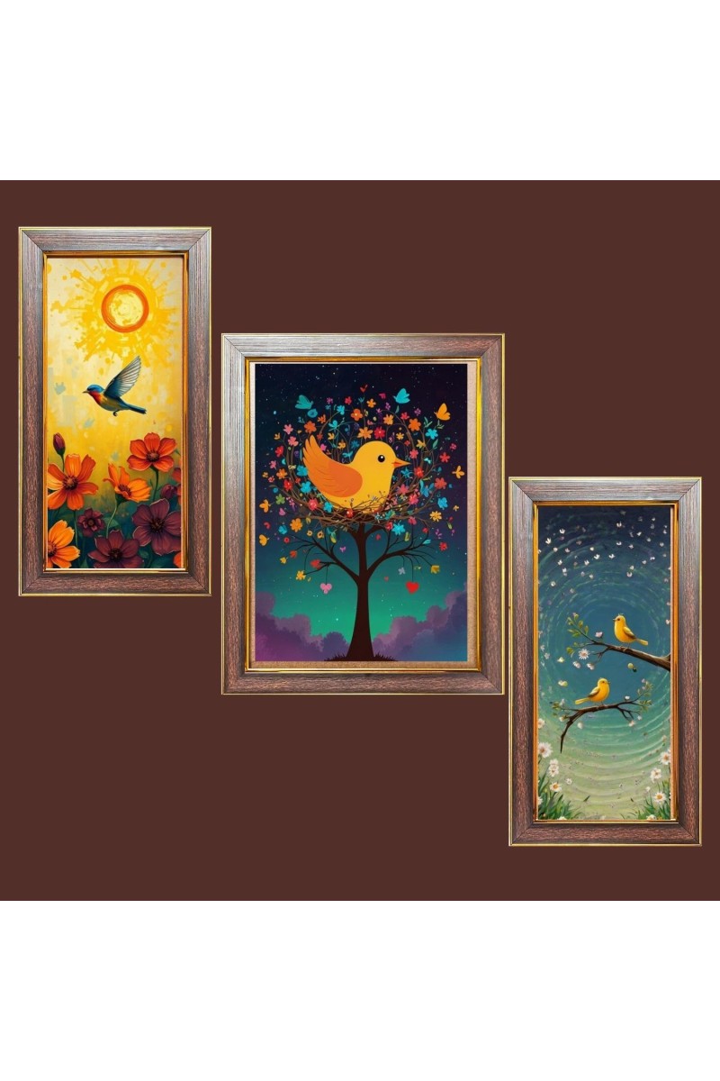 3-Pack Cute birds painting Photo Frames - 2 Pieces 6x13 Inch & 1 Piece 10x13 Inch - Rustic Wall Art for Home & Office Decor - Botanical Wall Hanging for Living Room, Bedroom, or Workspace