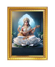 Goddess Saraswati Photo Frame - 10x14 Inches, Brown Wooden Frame for Home, Office & Temple Decoration