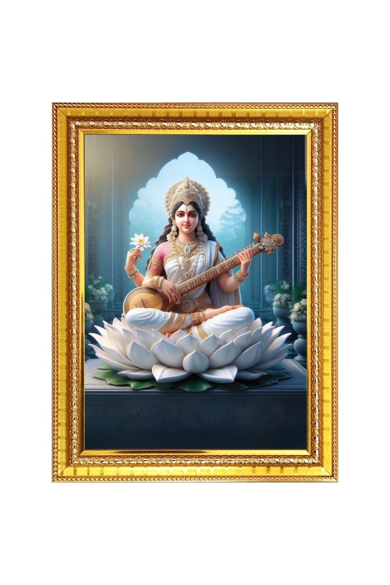 Goddess Saraswati Photo Frame - 10x14 Inches, Brown Wooden Frame for Home, Office & Temple Decoration