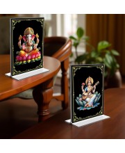 Sri Ganesh & Debi Saraswati Acrylic T-Style Photo Stand - 7x9 Inches, Compact and Stylish Spiritual Display, easily change 2 photos (Pack of 1)