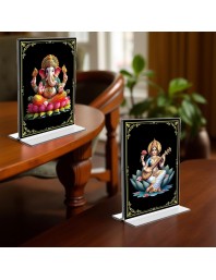 Sri Ganesh & Debi Saraswati Acrylic T-Style Photo Stand - 5x7 Inches, Compact and Stylish Spiritual Display, easily change 2 photos (Pack of 1)