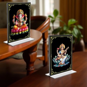 Sri Ganesh & Debi Saraswati Acrylic T-Style Photo Stand - 5x7 Inches, Compact and Stylish Spiritual Display, easily change 2 photos (Pack of 1) Sri Ganesh & Debi Saraswati Acrylic T-Style Photo Stand - 5x7 Inches, Compact and Stylish Spiritual Display, easily change 2 photos (Pack of 1)