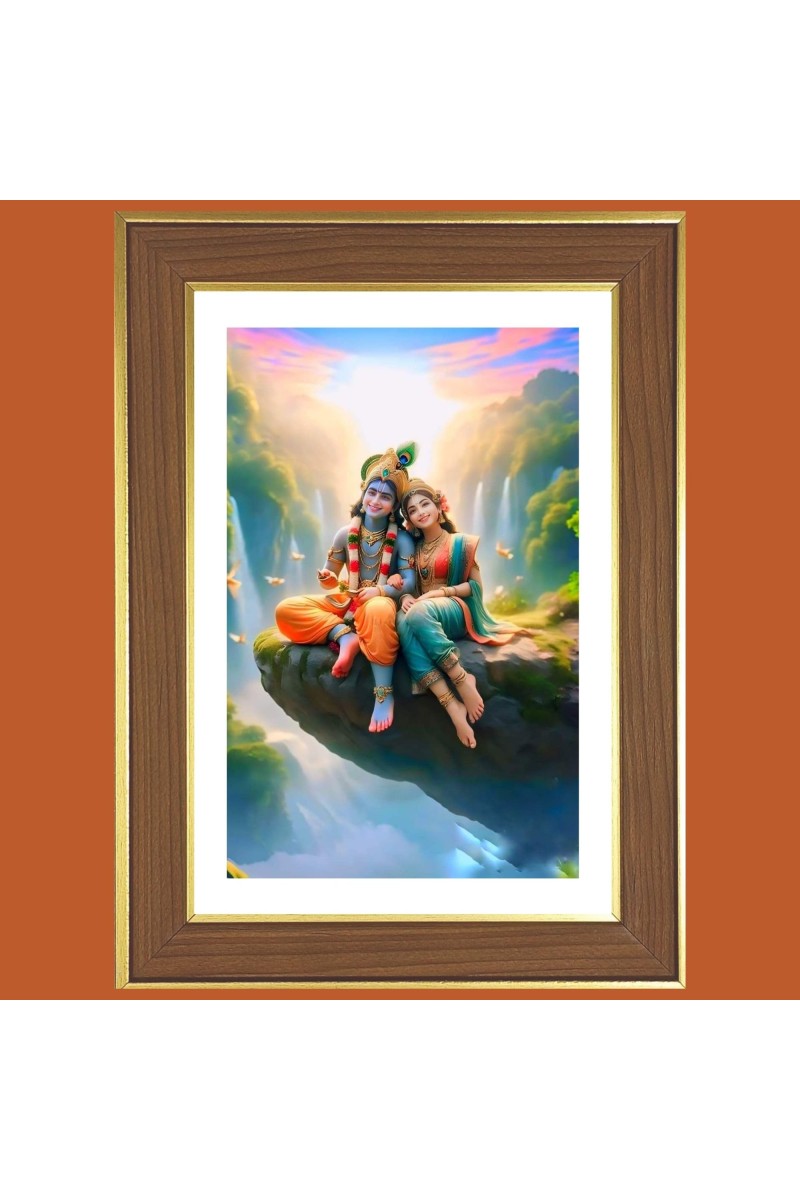 Radha Krishna Photo Frame - 10x14 Inches, Brown Wooden Frame for Home, Office & Temple Decoration