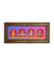 Hitech Sales Mata Laxmi, Mata Saraswati, Lord Ganesh, Mata Durga God Photos in One Photo Frame (16.6 x 6.6 inches, Golden, Pvc Frame)