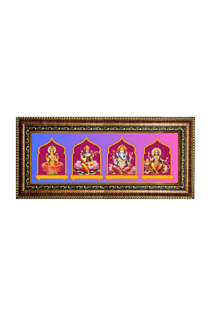 Hitech Sales Mata Laxmi, Mata Saraswati, Lord Ganesh, Mata Durga God Photos in One Photo Frame (16.6 x 6.6 inches, Golden, Pvc Frame)