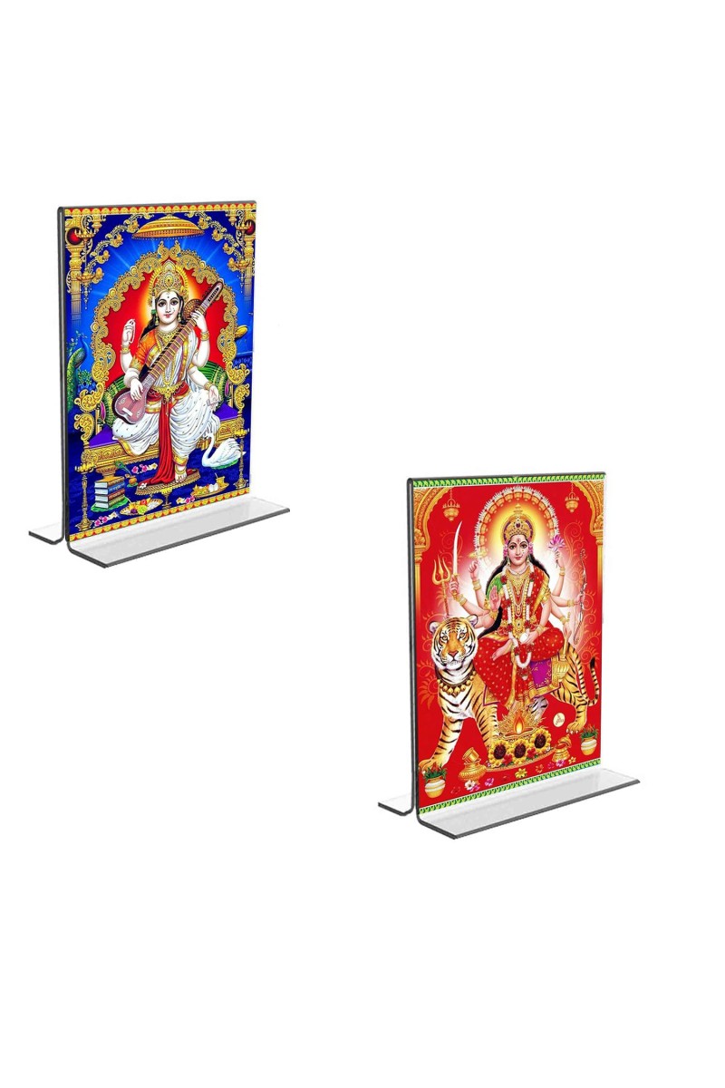 Car Desk/Table Top Maa Saraswati & Maa Durga Acrylic T-Style Photo Stand - 2.5x3.5 Inches, Compact and Stylish Spiritual Display, easily change 2 photos (Pack of 1)