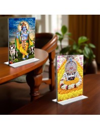 Lord Khatu shyam & Sri Krishna Acrylic T-Style Photo Stand, Compact and Stylish Spiritual Display, easily change 2 photos (Pack of 1)
