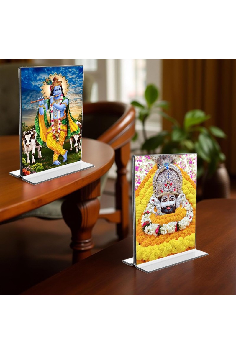 Lord Khatu shyam & Sri Krishna Acrylic T-Style Photo Stand - 11x13 Inches, Compact and Stylish Spiritual Display, easily change 2 photos (Pack of 1)