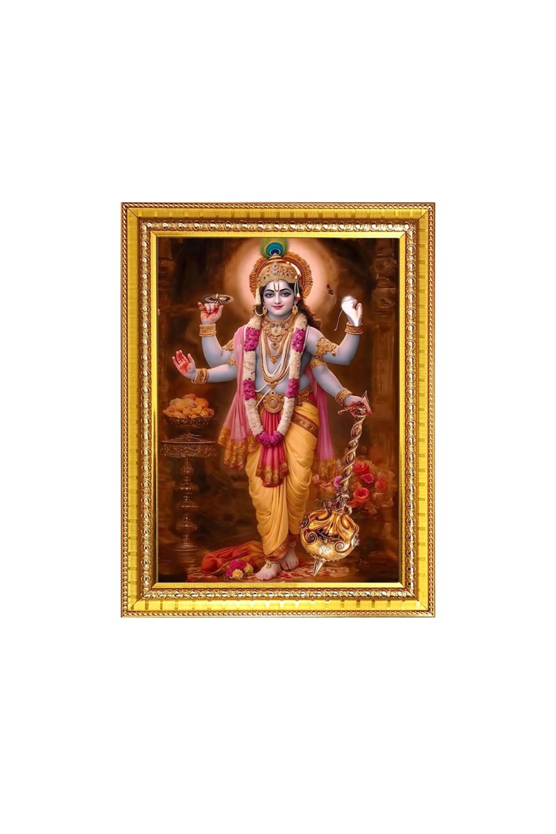 Lord Narayan Photo Frame - 10x14 Inches, Brown Wooden Frame for Home, Office & Temple Decoration