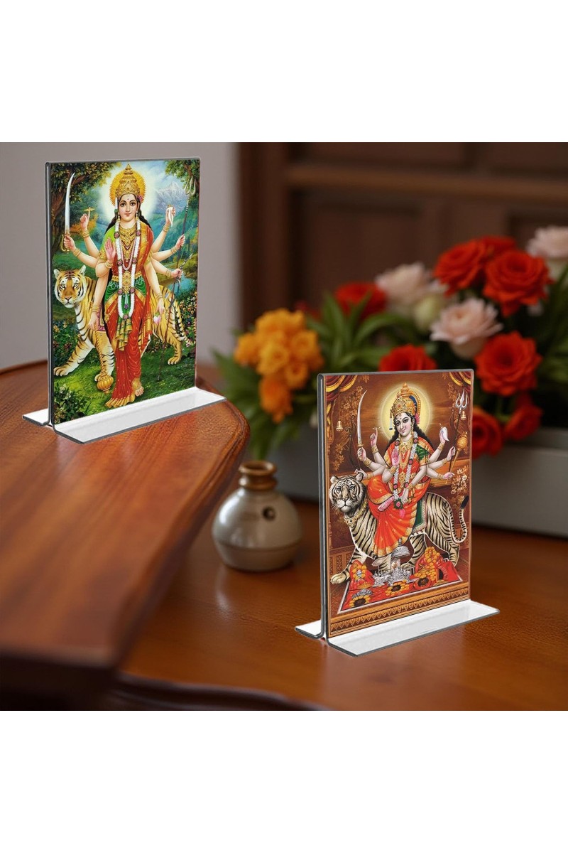 Debi Durga Acrylic T-Style Photo Stand - 5x7 Inches, Compact and Stylish Spiritual Display, easily change 2 photos (Pack of 1)