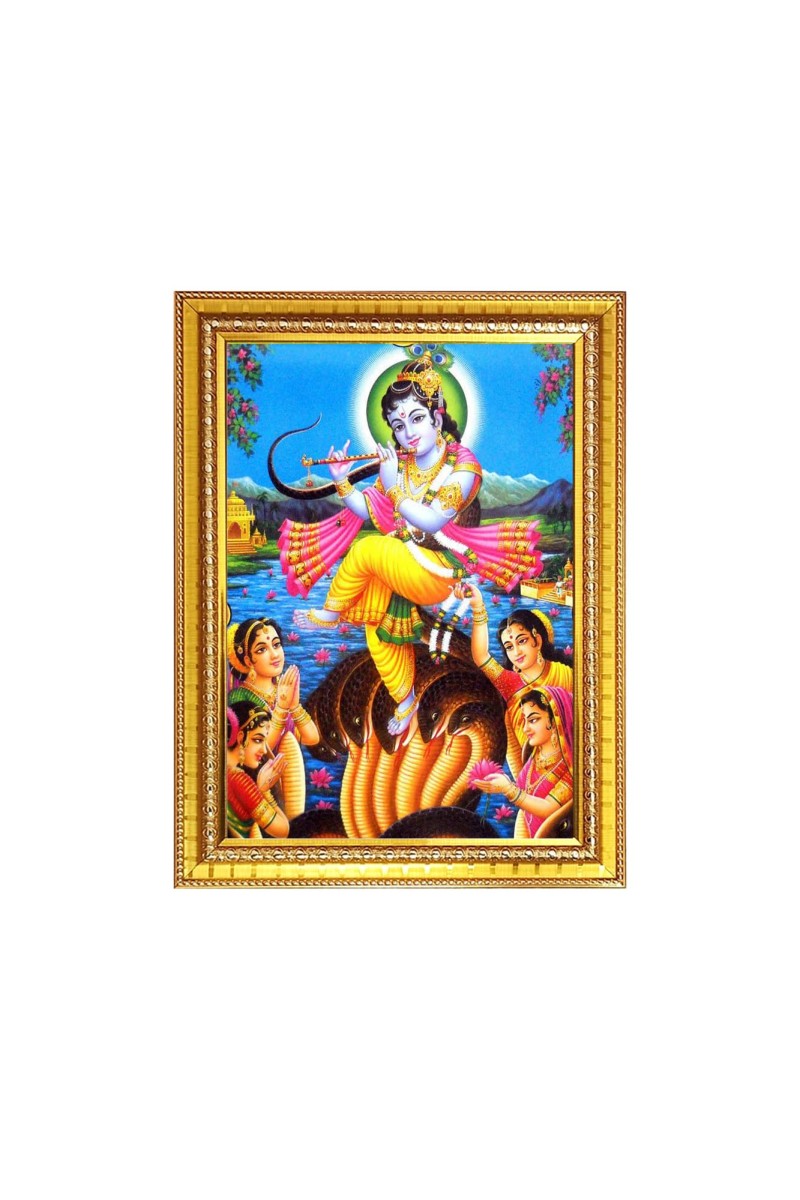 Bal Krishna Dancing On Kaliya Naag Photo Frame - 14x18 Inches, Brown Wooden Frame for Home, Office & Temple Decoration
