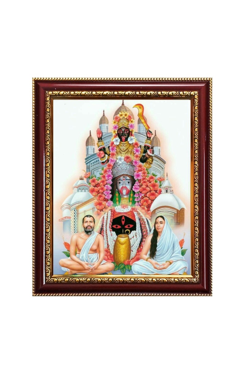 Goddess Shri Maha Kali, Ramakrishna Paramahamsa and Sarada Devi Photo Frame - 10x14 Inches, Brown Wooden Frame for Home, Office & Temple Decoration