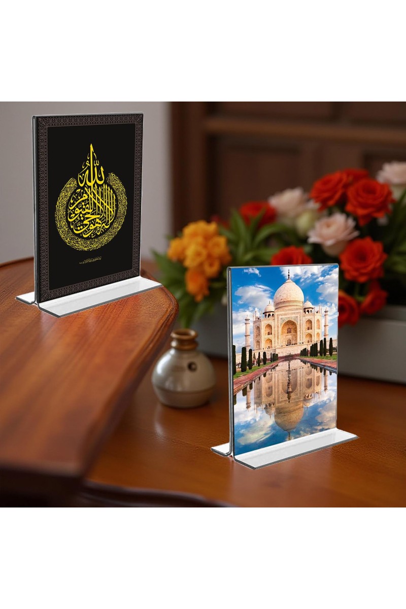 Islamic Allah & Taj Mahal Acrylic T-Style Photo Stand, Compact and Stylish Spiritual Display, easily change 2 photos (Pack of 1)