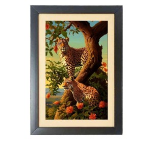 The two wild Cheetahs Photo Frame Funny Animal and Bird Cartoon Art, Black color, 17x21 Inch