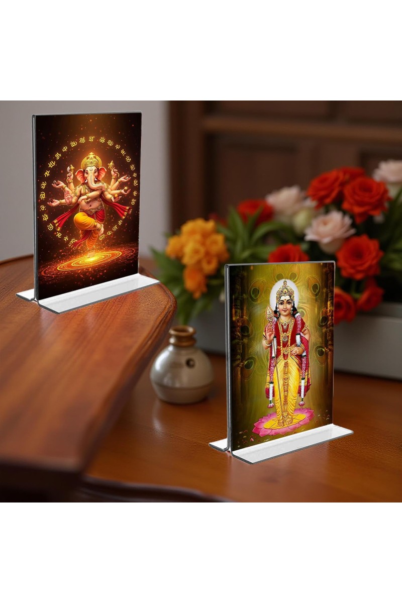 Sri Ganesh & Kartiyeka Acrylic T-Style Photo Stand, Compact and Stylish Spiritual Display, easily change 2 photos (Pack of 1)