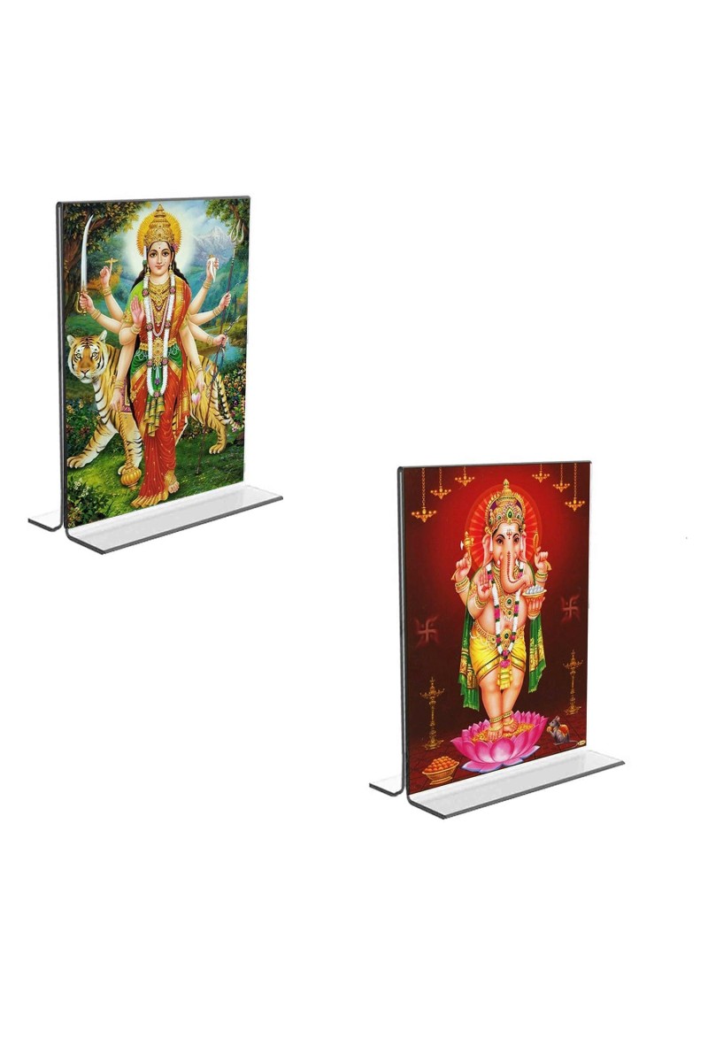 Car Desk/Table Top Lord Ganesh & Maa Durga Acrylic T-Style Photo Stand - 2.5x3.5 Inches, Compact and Stylish Spiritual Display, easily change 2 photos (Pack of 1)